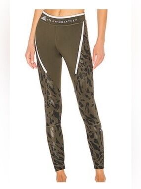 Stella McCartney x Adidas Olive Green Leopard Print Performance Leggings – Large